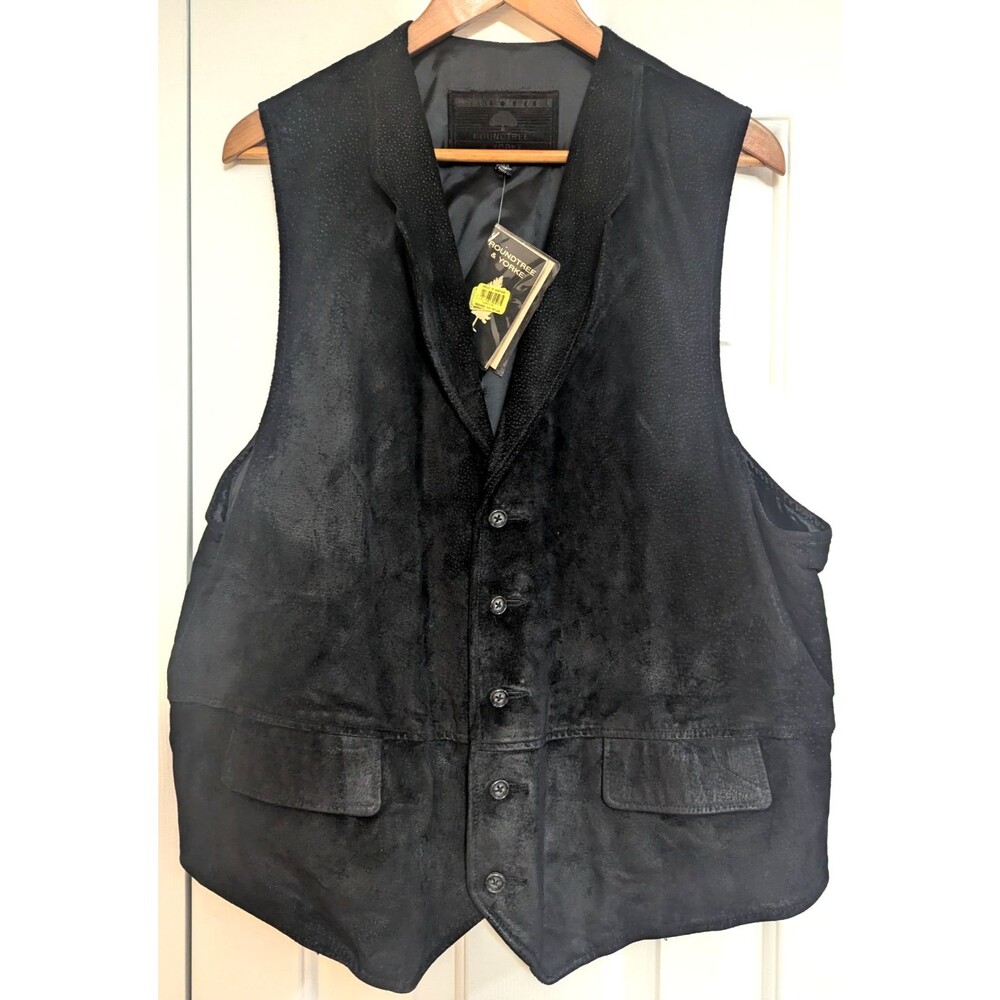 VTG Roundtree & Yorke Black Suede Leather Vest, Flap Front Pockets Size XL NWT